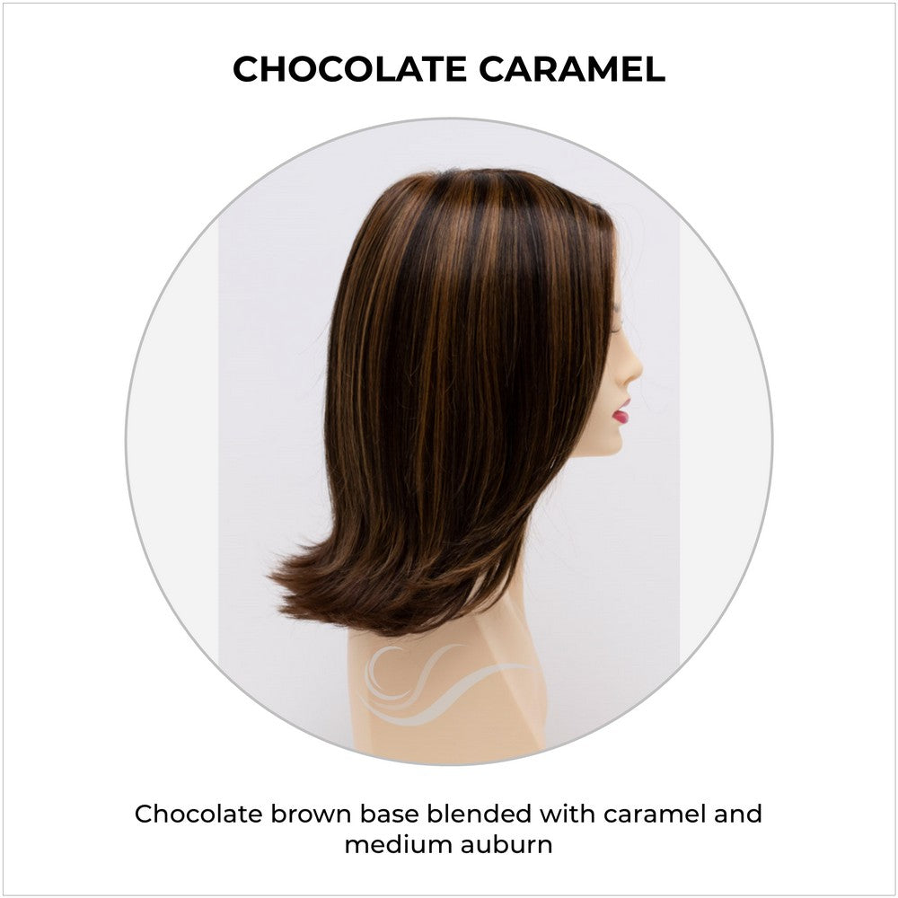 Lisa wig by Envy in Chocolate Caramel-Chocolate brown base blended with caramel and medium auburn