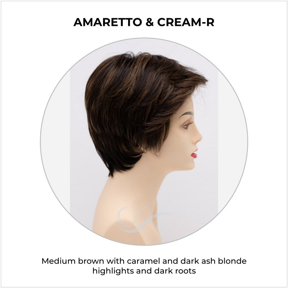 Paula wig by Envy in Amaretto & Cream-R-Medium brown with caramel and dark ash blonde highlights and dark roots