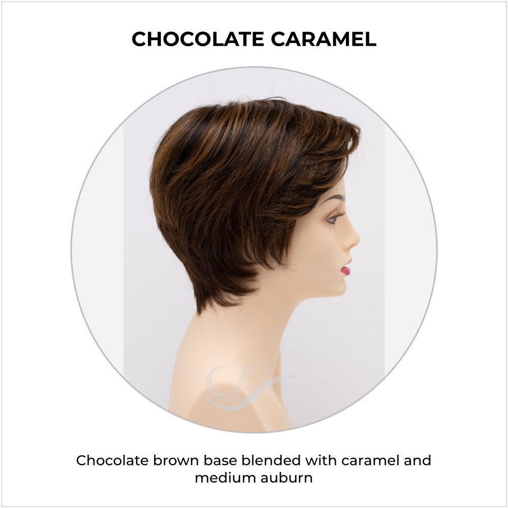 Paula wig by Envy in Chocolate Caramel-Chocolate brown base blended with caramel and medium auburn