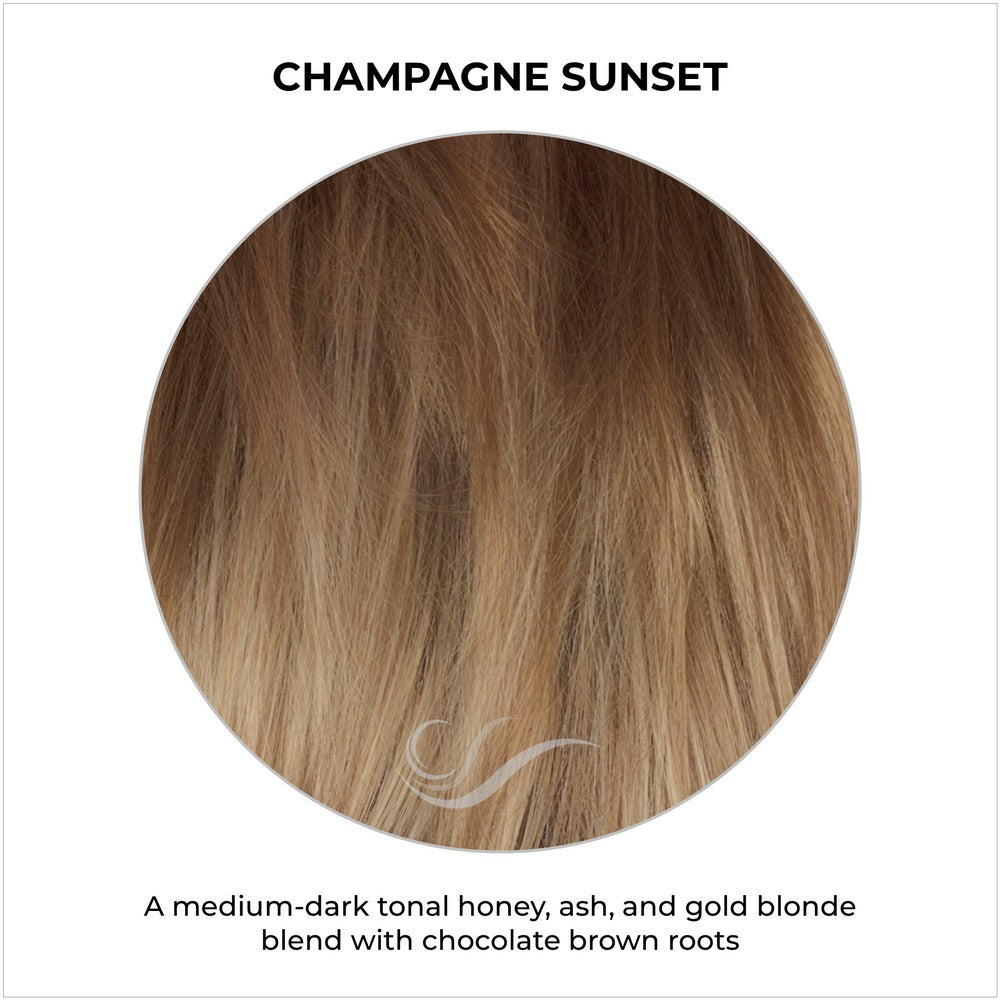 Champagne Sunset-A medium-dark tonal honey, ash, and gold blonde blend with chocolate brown roots