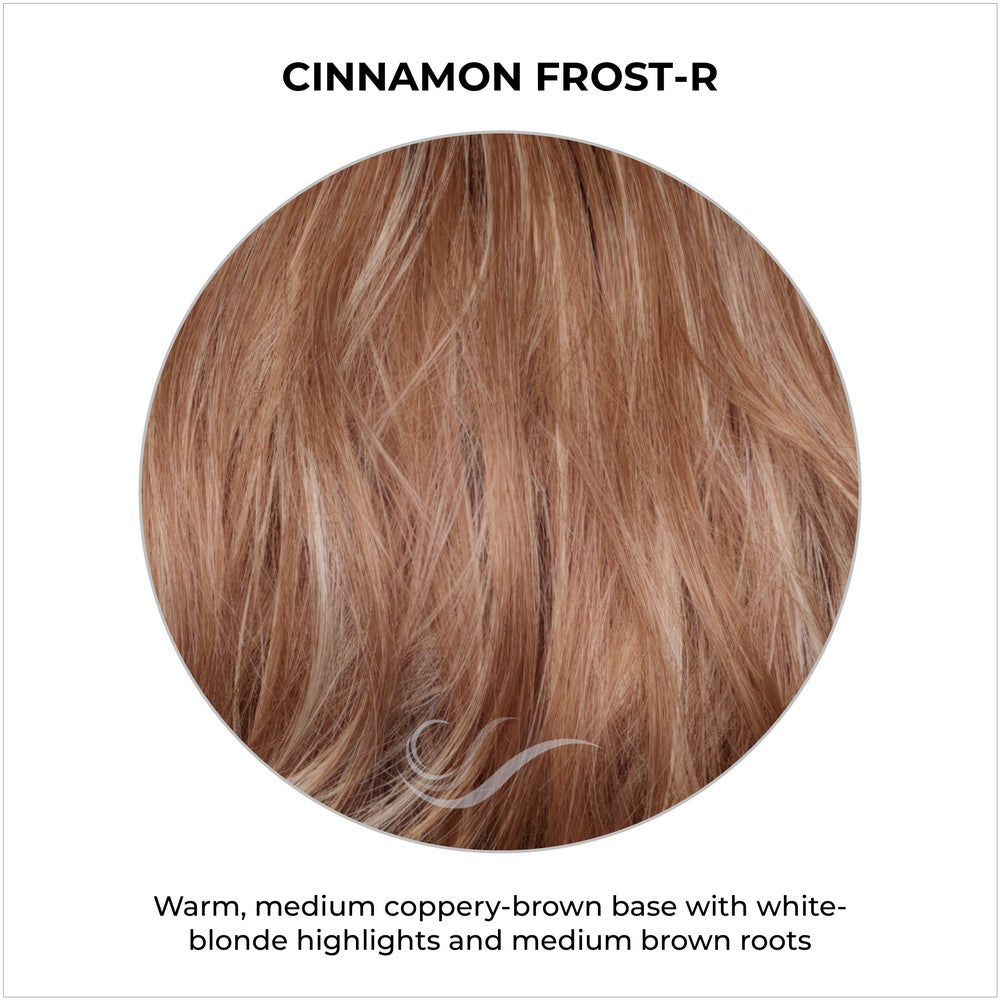 Cinnamon Frost-R-Warm, medium coppery-brown base with white-blonde highlights and medium brown roots