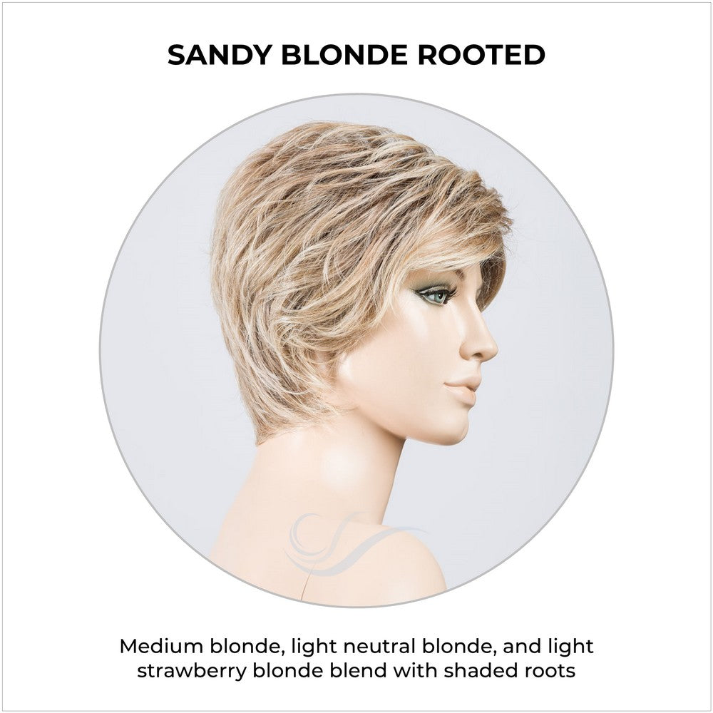 Cover wig by Ellen Wille in Sandy Blonde Rooted-Medium blonde, light neutral blonde, and light strawberry blonde blend with shaded roots
