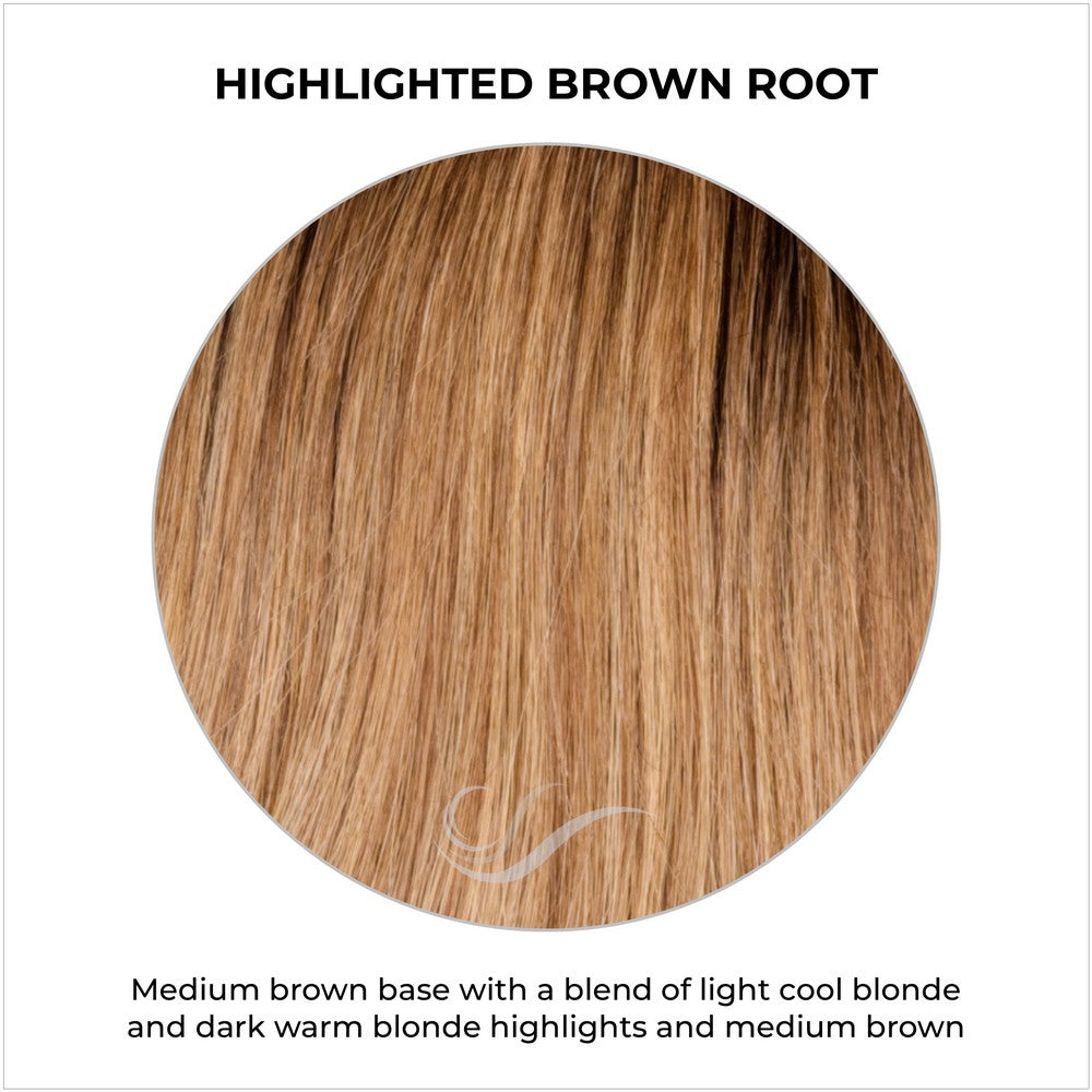 Highlighted Brown Root-Medium brown base with a blend of light cool blonde and dark warm blonde highlights and medium brown roots