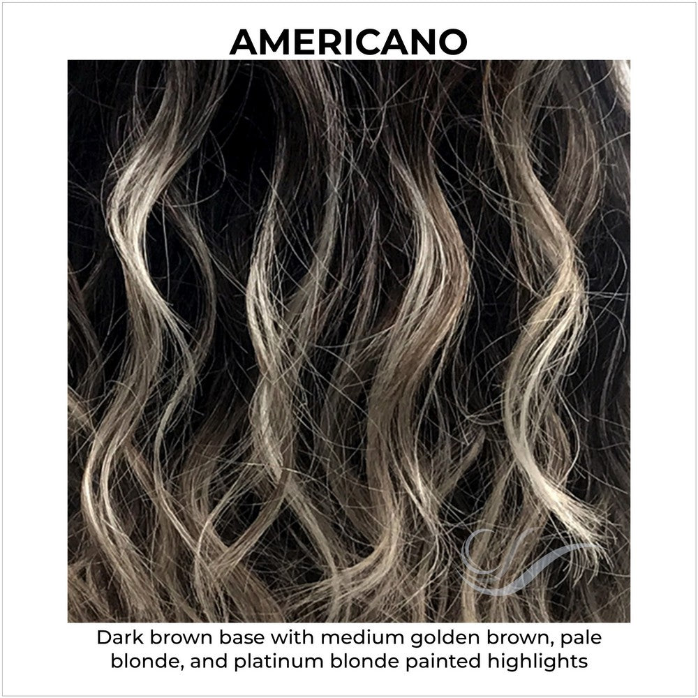 AMERICANO-Dark brown base with medium golden brown, pale blonde, and platinum blonde painted highlights