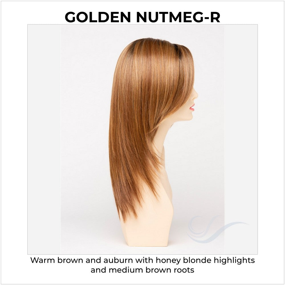 Ava By Envy in Golden Nutmeg-R-Warm brown and auburn with honey blonde highlights and medium brown roots