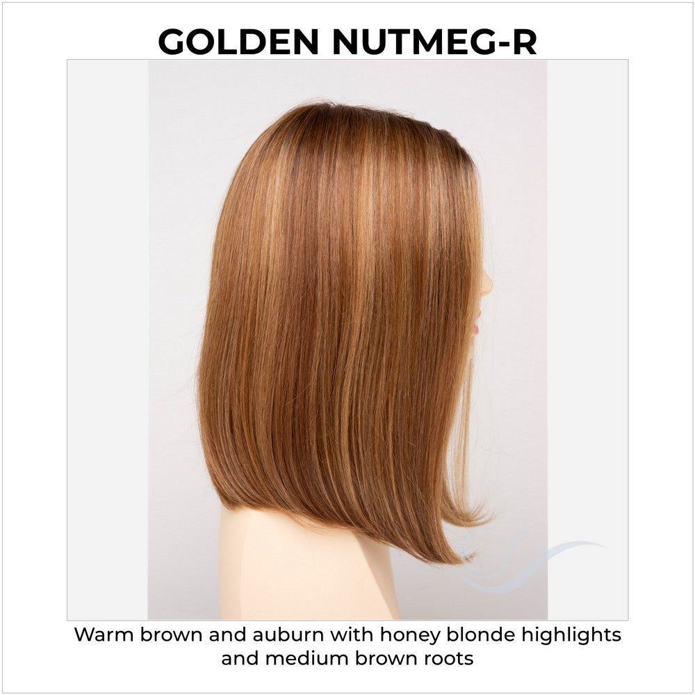 Chelsea By Envy in Golden Nutmeg-R-Warm brown and auburn with honey blonde highlights and medium brown roots