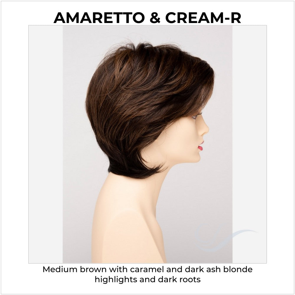 Coti By Envy in Amaretto & Cream-R-Medium brown with caramel and dark ash blonde highlights and dark roots