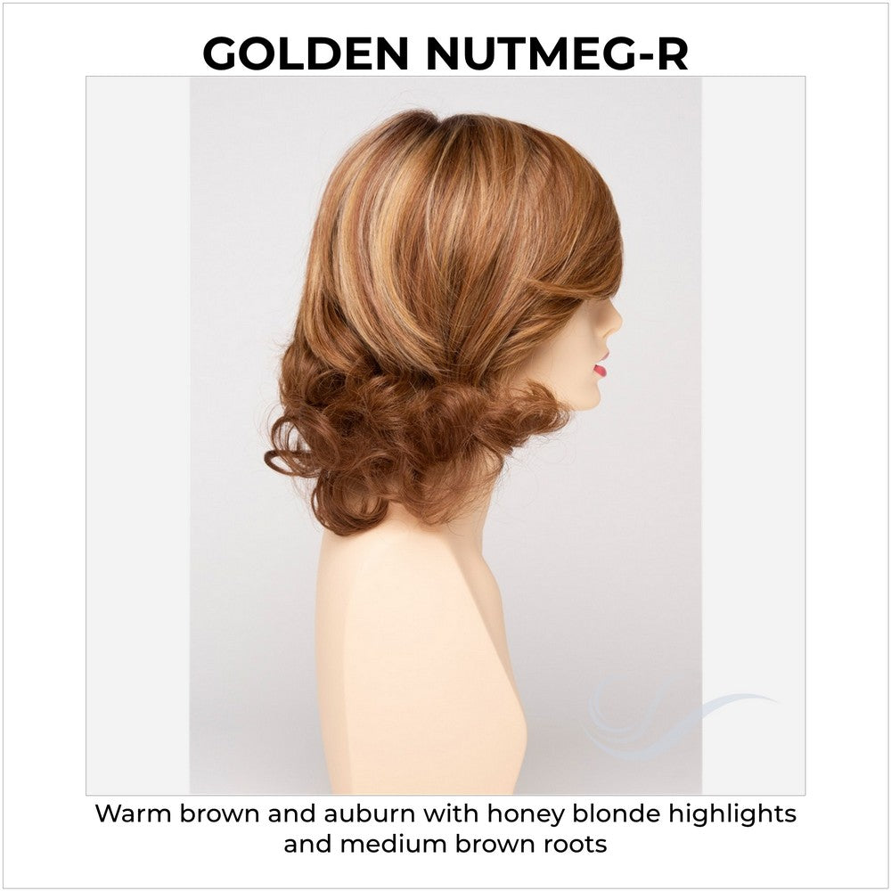 Danielle By Envy in Golden Nutmeg-R-Warm brown and auburn with honey blonde highlights and medium brown roots