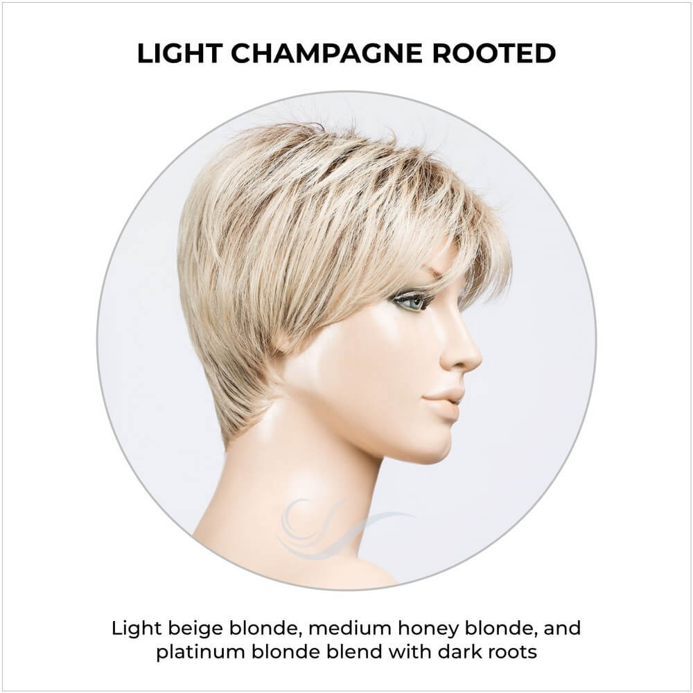 Elan by Ellen Wille in Light Champagne Rooted-Light beige blonde, medium honey blonde, and platinum blonde blend with dark roots