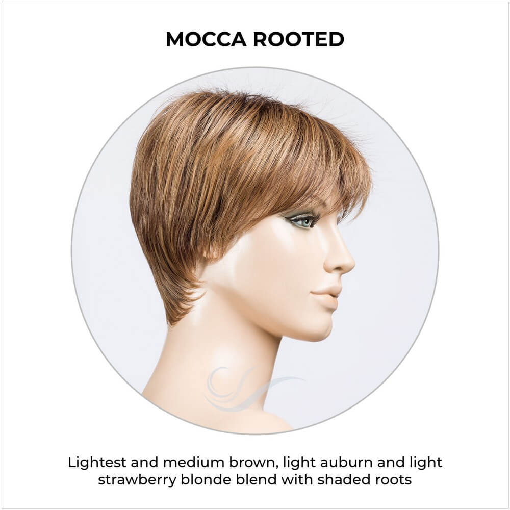 Elan by Ellen Wille in Mocca Rooted-Lightest and medium brown, light auburn and light strawberry blonde blend with shaded roots