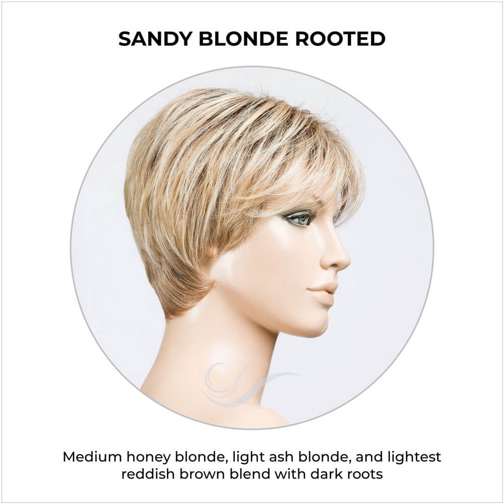 Elan by Ellen Wille in Sandy Blonde Rooted-Medium honey blonde, light ash blonde, and lightest reddish brown blend with dark roots