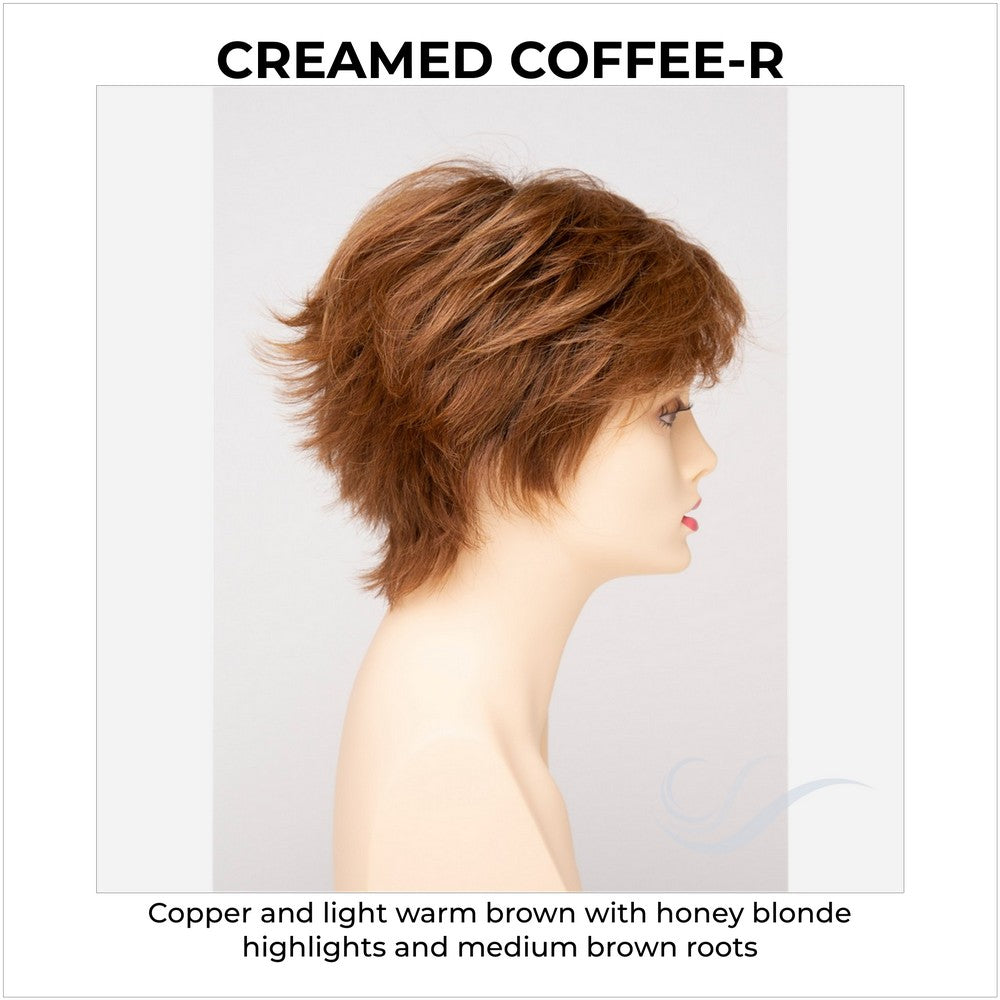 Flame By Envy in Creamed Coffee-R-Copper and light warm brown with honey blonde highlights and medium brown roots