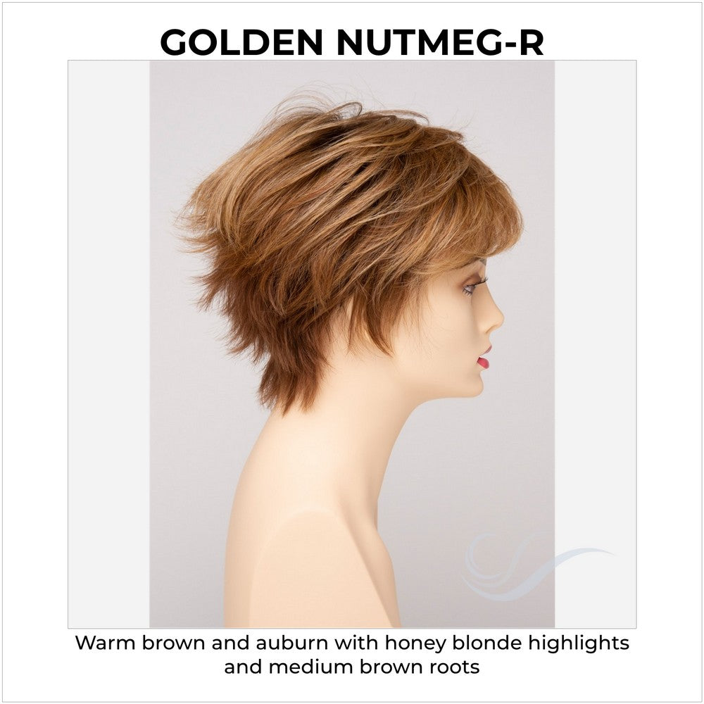 Flame By Envy in Golden Nutmeg-R-Warm brown and auburn with honey blonde highlights and medium brown roots