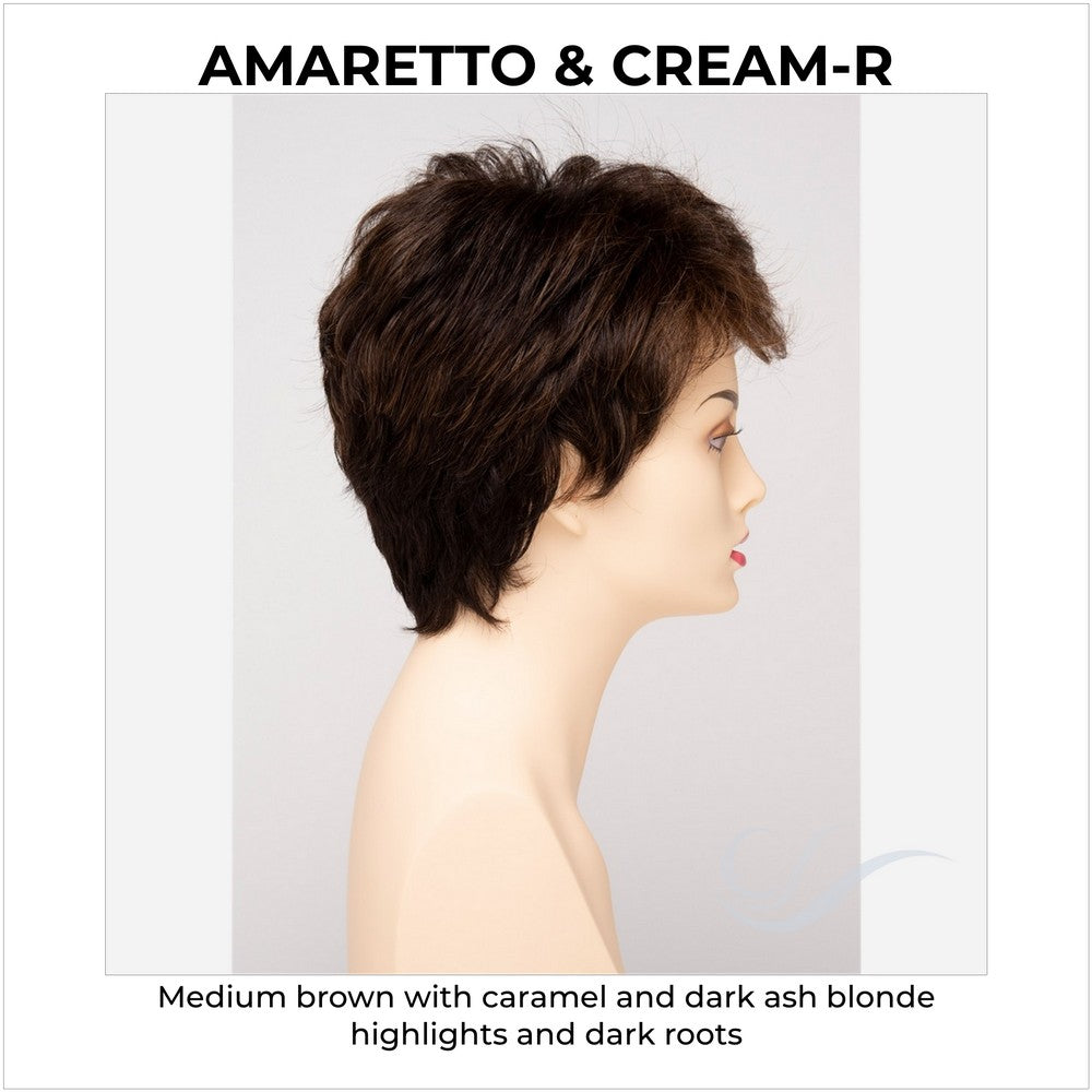 Heather By Envy in Amaretto & Cream-R-Medium brown with caramel and dark ash blonde highlights and dark roots