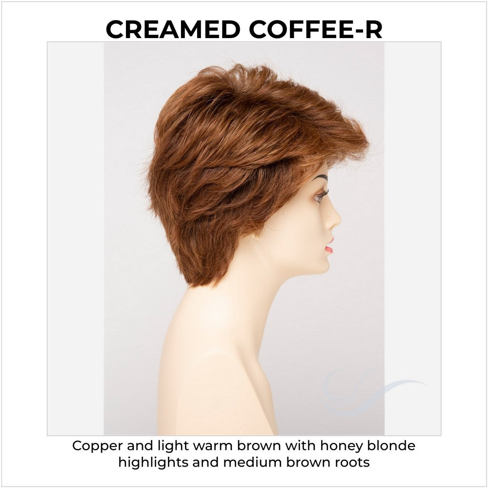 Heather By Envy in Creamed Coffee-R-Copper and light warm brown with honey blonde highlights and medium brown roots
