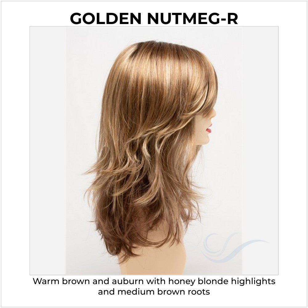 Joy by Envy in Golden Nutmeg-R-Warm brown and auburn with honey blonde highlights and medium brown roots