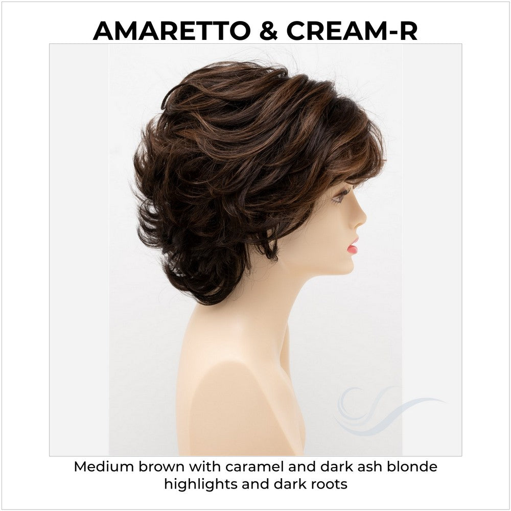 Kylie By Envy in Amaretto & Cream-R-Medium brown with caramel and dark ash blonde highlights and dark roots