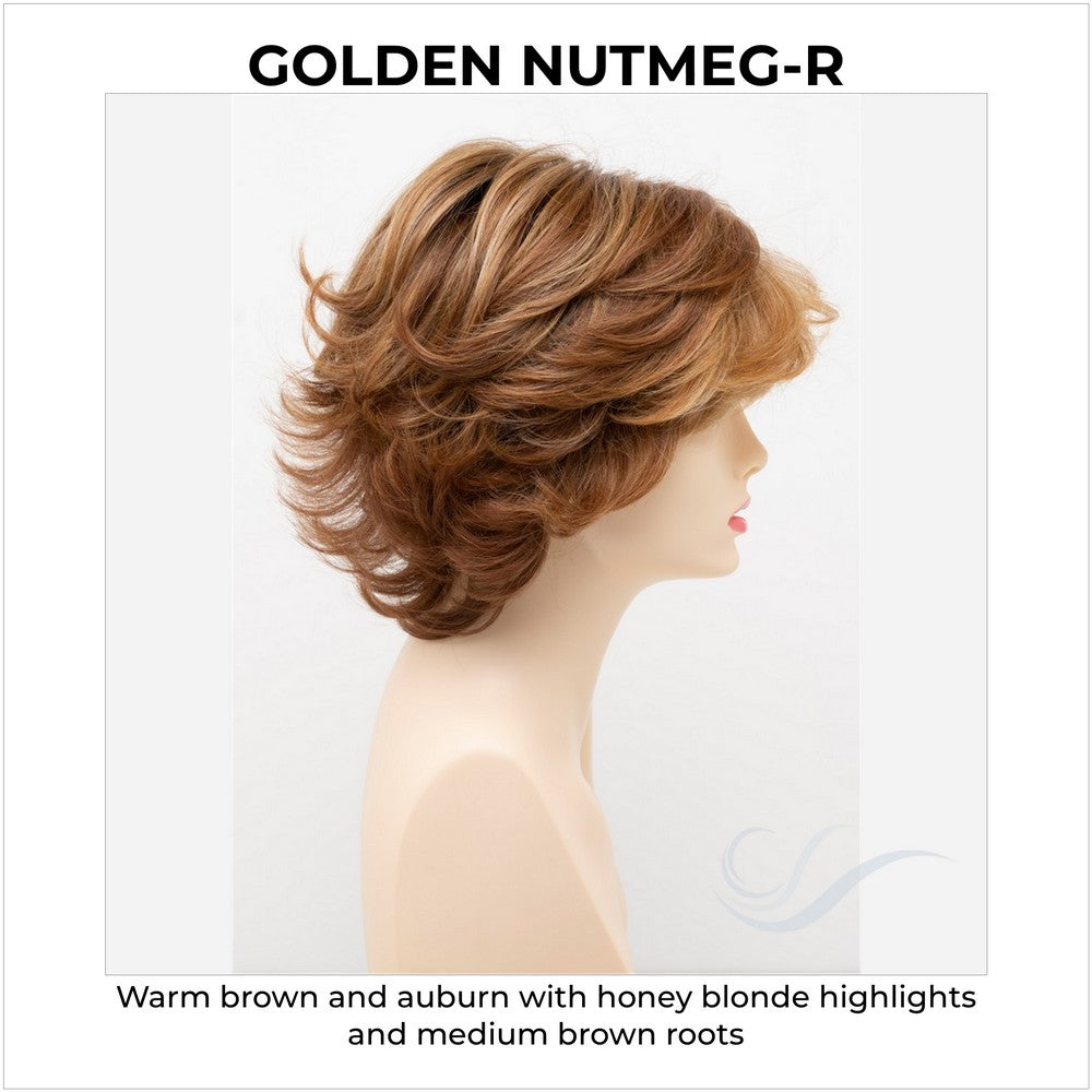 Kylie By Envy in Golden Nutmeg-R-Warm brown and auburn with honey blonde highlights and medium brown roots