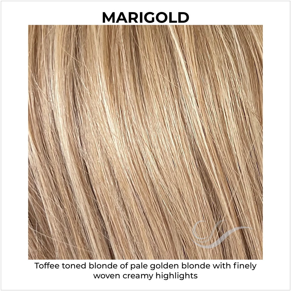 Marigold-Toffee toned blonde of pale golden blonde with finely woven creamy highlights