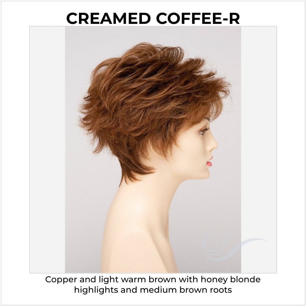 Olivia By Envy in Creamed Coffee-R-Copper and light warm brown with honey blonde highlights and medium brown roots