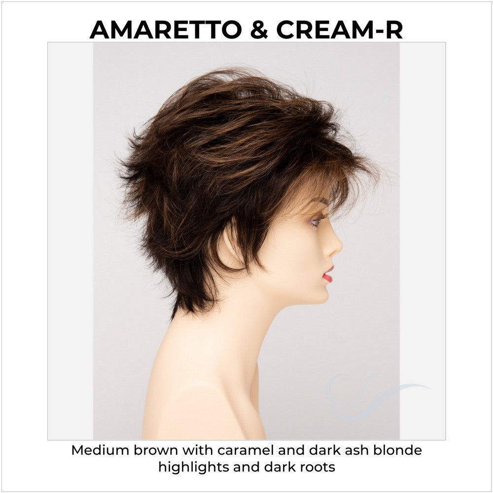 Ophelia By Envy in Amaretto & Cream-R-Medium brown with caramel and dark ash blonde highlights and dark roots