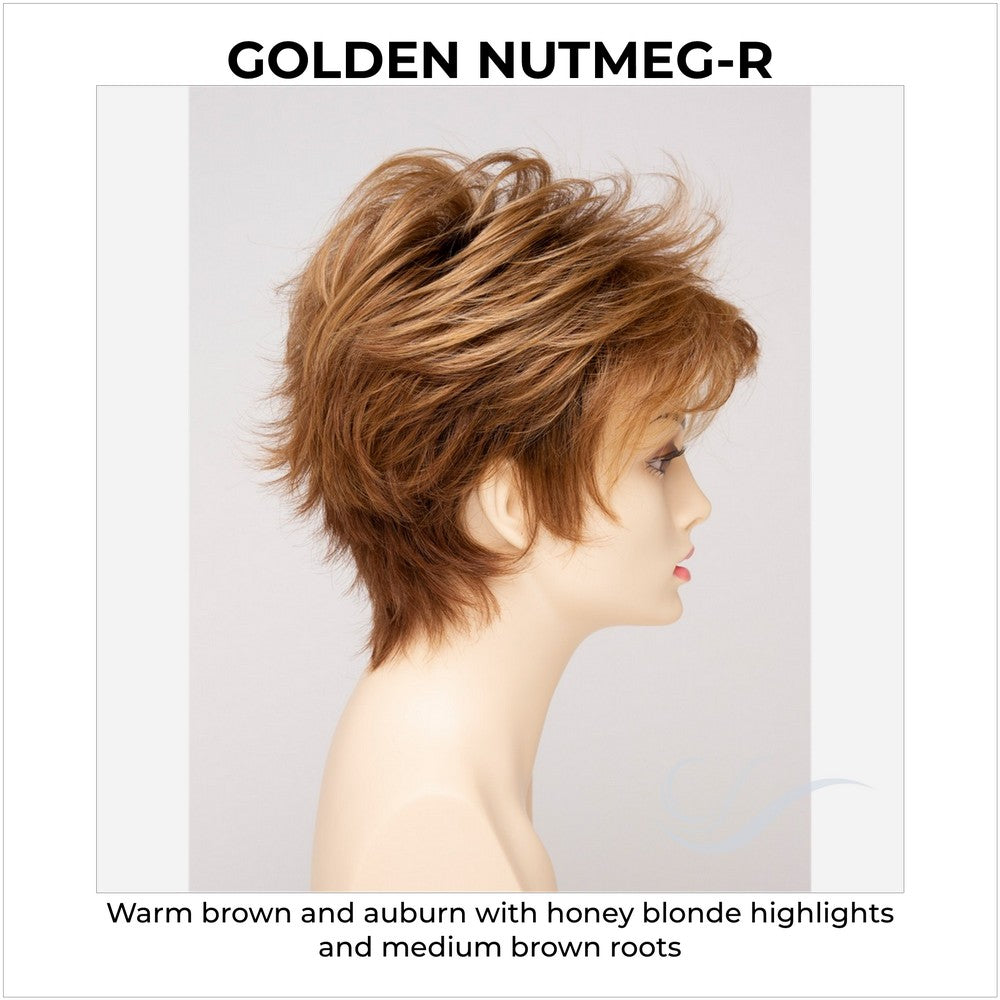 Ophelia By Envy in Golden Nutmeg-R-Warm brown and auburn with honey blonde highlights and medium brown roots