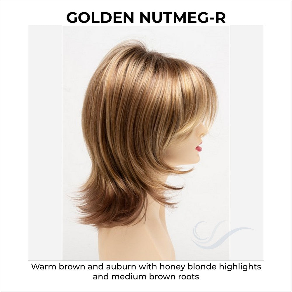 Rose by Envy in Golden Nutmeg-R-Warm brown and auburn with honey blonde highlights and medium brown roots