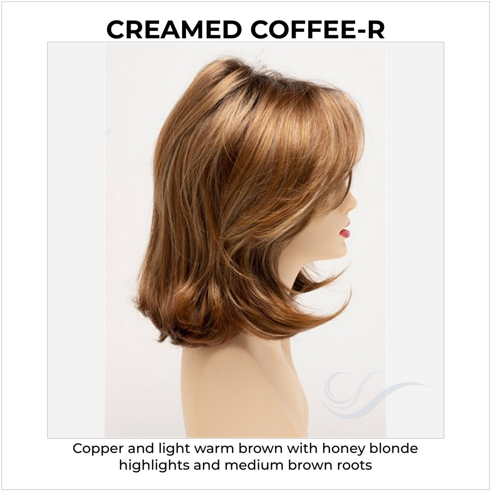 Sam by Envy in Creamed Coffee-R-Copper and light warm brown with honey blonde highlights and medium brown roots