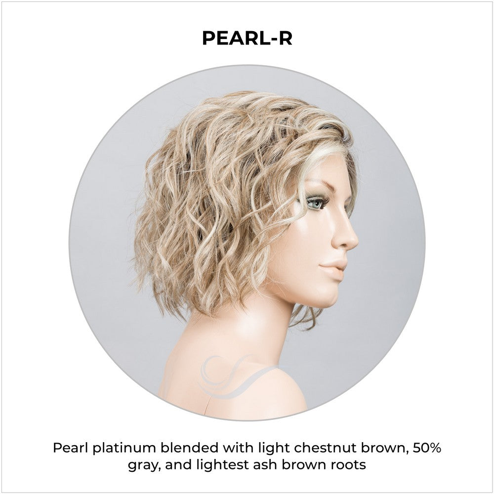 Scala wig by Ellen Wille in Pearl-R-Pearl platinum blended with light chestnut brown, 50% gray, and lightest ash brown roots