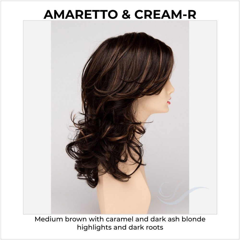Selena By Envy in Amaretto & Cream-R-Medium brown with caramel and dark ash blonde highlights and dark roots
