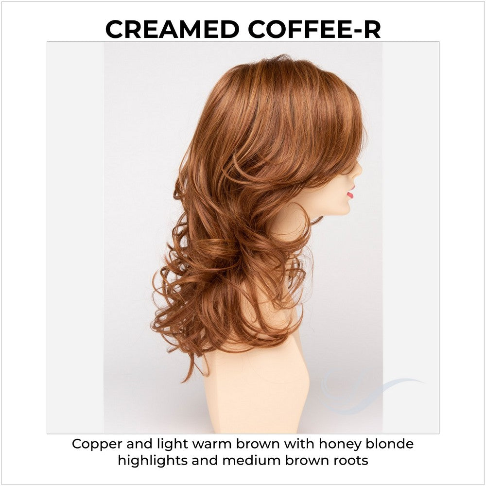 Selena By Envy in Creamed Coffee-R-Copper and light warm brown with honey blonde highlights and medium brown roots