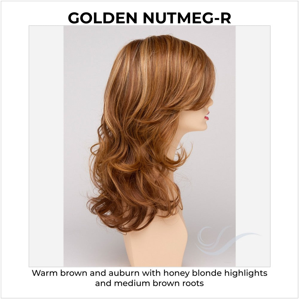 Selena By Envy in Golden Nutmeg-R-Warm brown and auburn with honey blonde highlights and medium brown roots