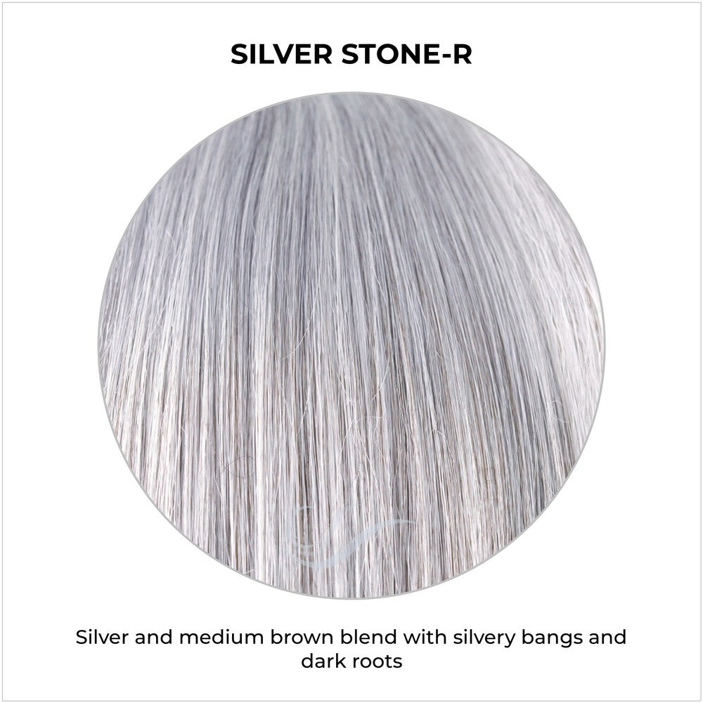 Silver Stone-R-Silver and medium brown blend with silver bangs and dark roots