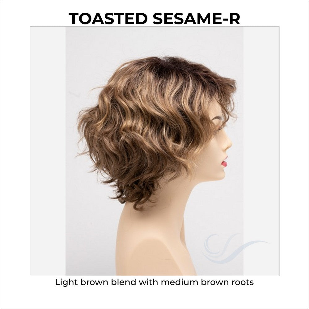 Suzi by Envy in Toasted Sesame-R-Light brown blend with medium brown roots