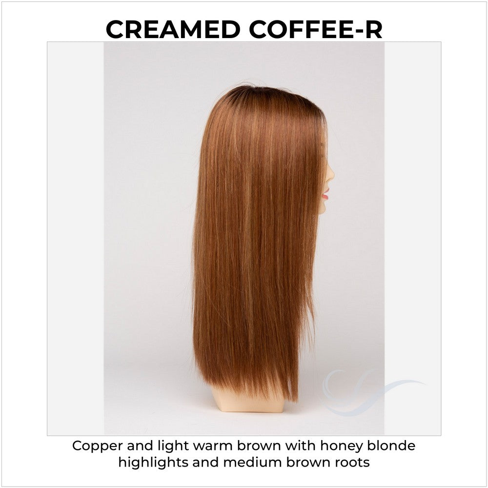 Veronica By Envy in Creamed Coffee-R-Copper and light warm brown with honey blonde highlights and medium brown roots