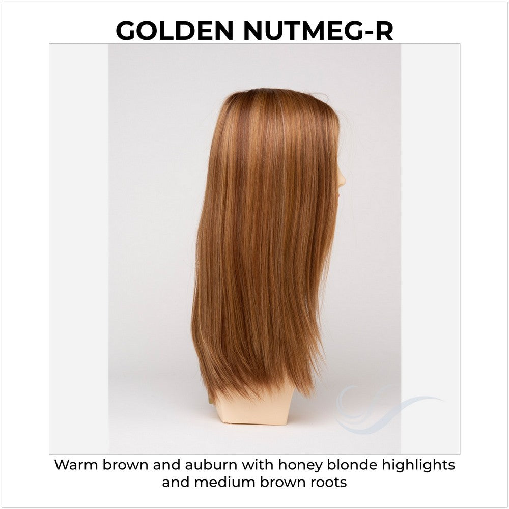 Veronica By Envy in Golden Nutmeg-R-Warm brown and auburn with honey blonde highlights and medium brown roots