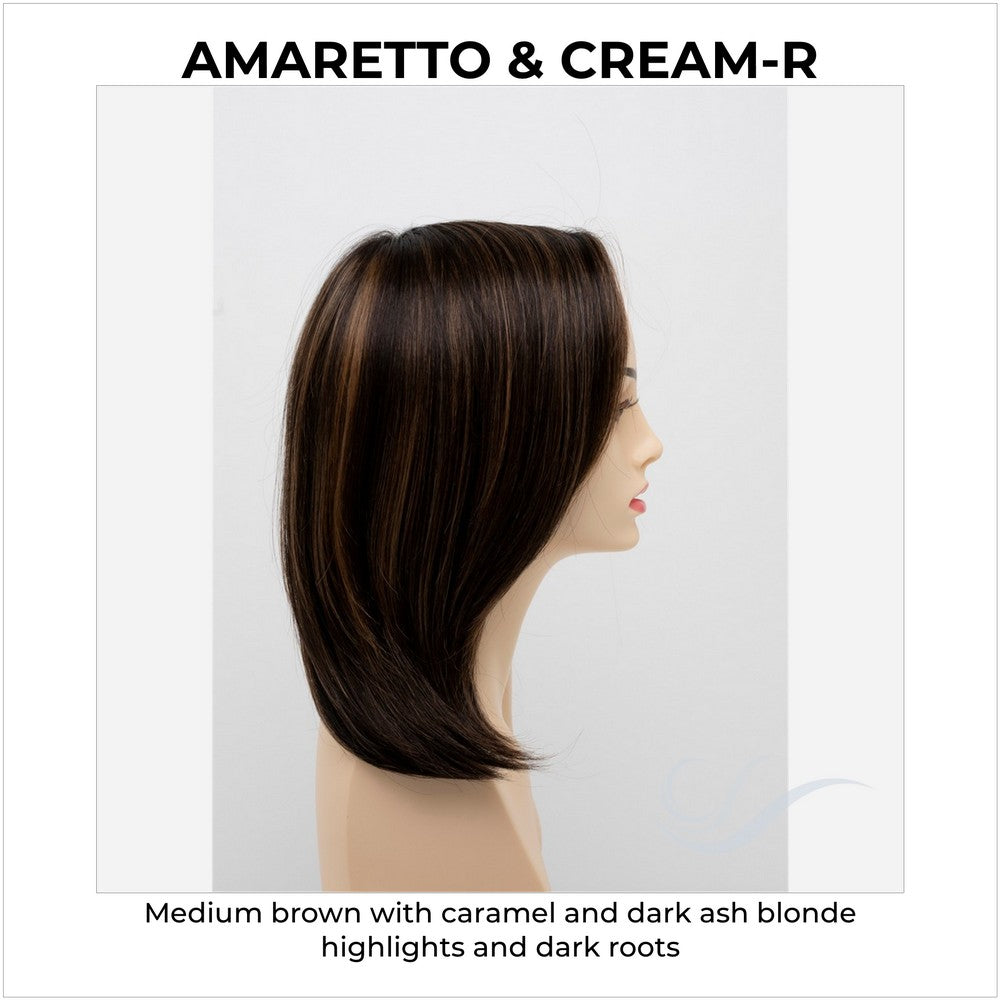 Zoey By Envy in Amaretto & Cream-R-Medium brown with caramel and dark ash blonde highlights and dark roots