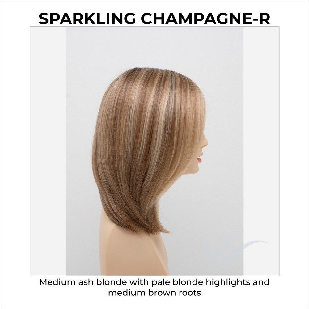 Zoey By Envy in Sparkling Champagne-R-Medium ash blonde with pale blonde highlights and medium brown roots