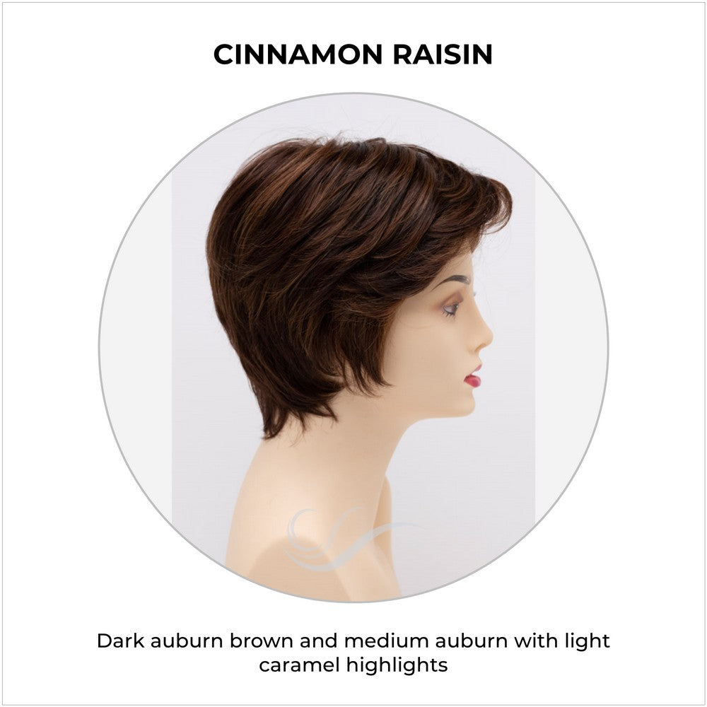 Paula wig by Envy in Cinnamon Raisin-Dark auburn brown and medium auburn with light caramel highlights