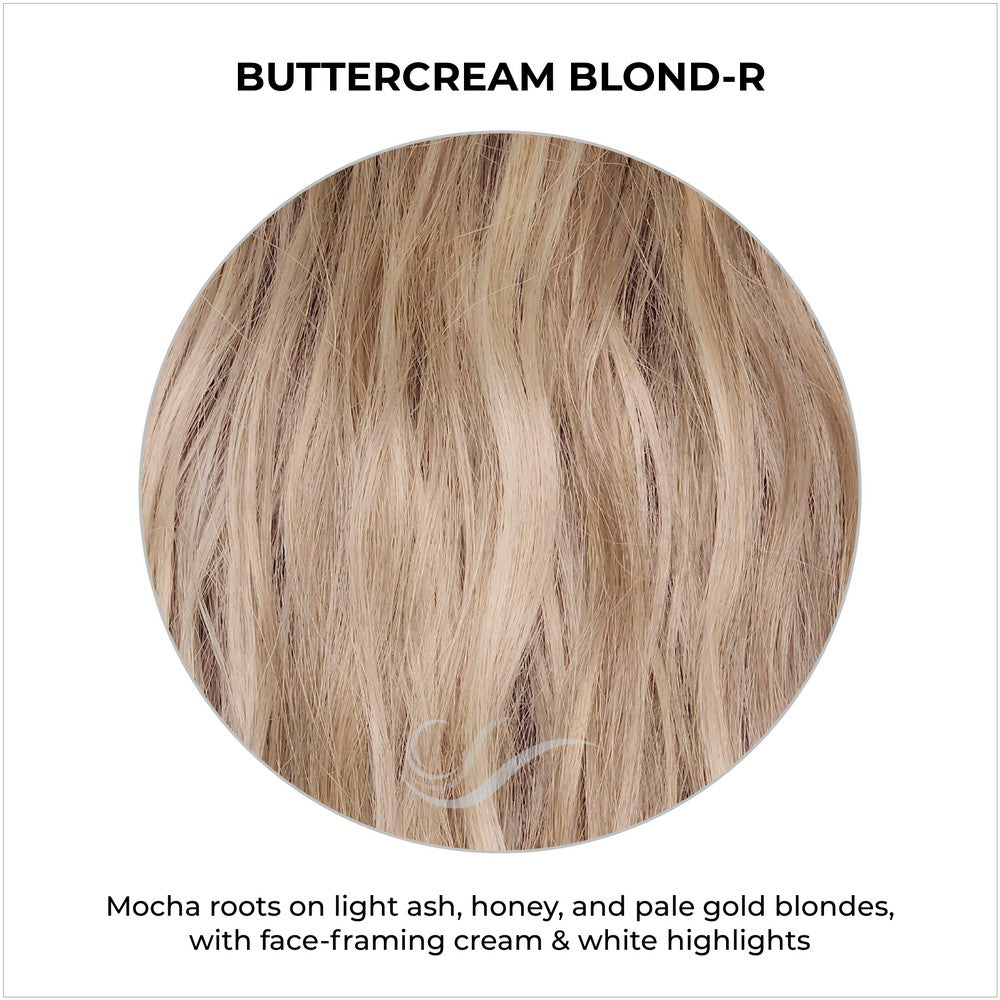 Buttercream Blond-R-Mocha roots on light ash, honey, and pale gold blondes, face-framing cream & white highlights