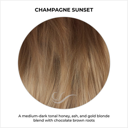 Champagne Sunset-A medium-dark tonal honey, ash, and gold blonde blend with chocolate brown roots
