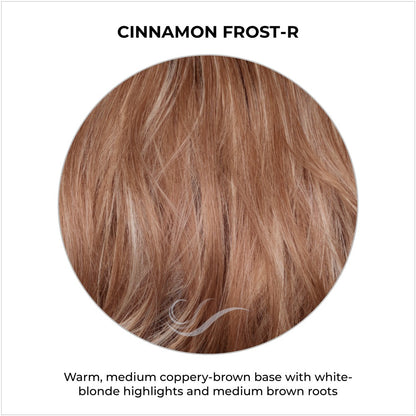 Cinnamon Frost-R-Warm, medium coppery-brown base with white-blonde highlights and medium brown roots
