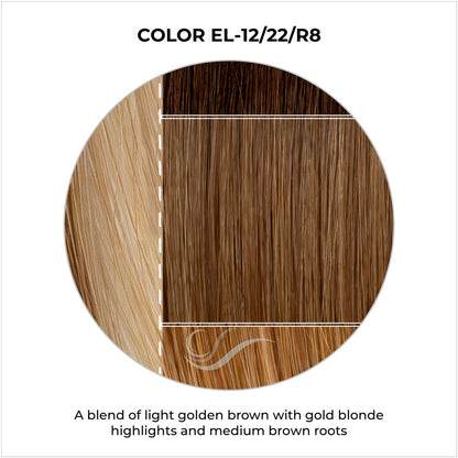 EL-12/22/R8-A blend of light golden brown with gold blonde highlights and medium brown roots