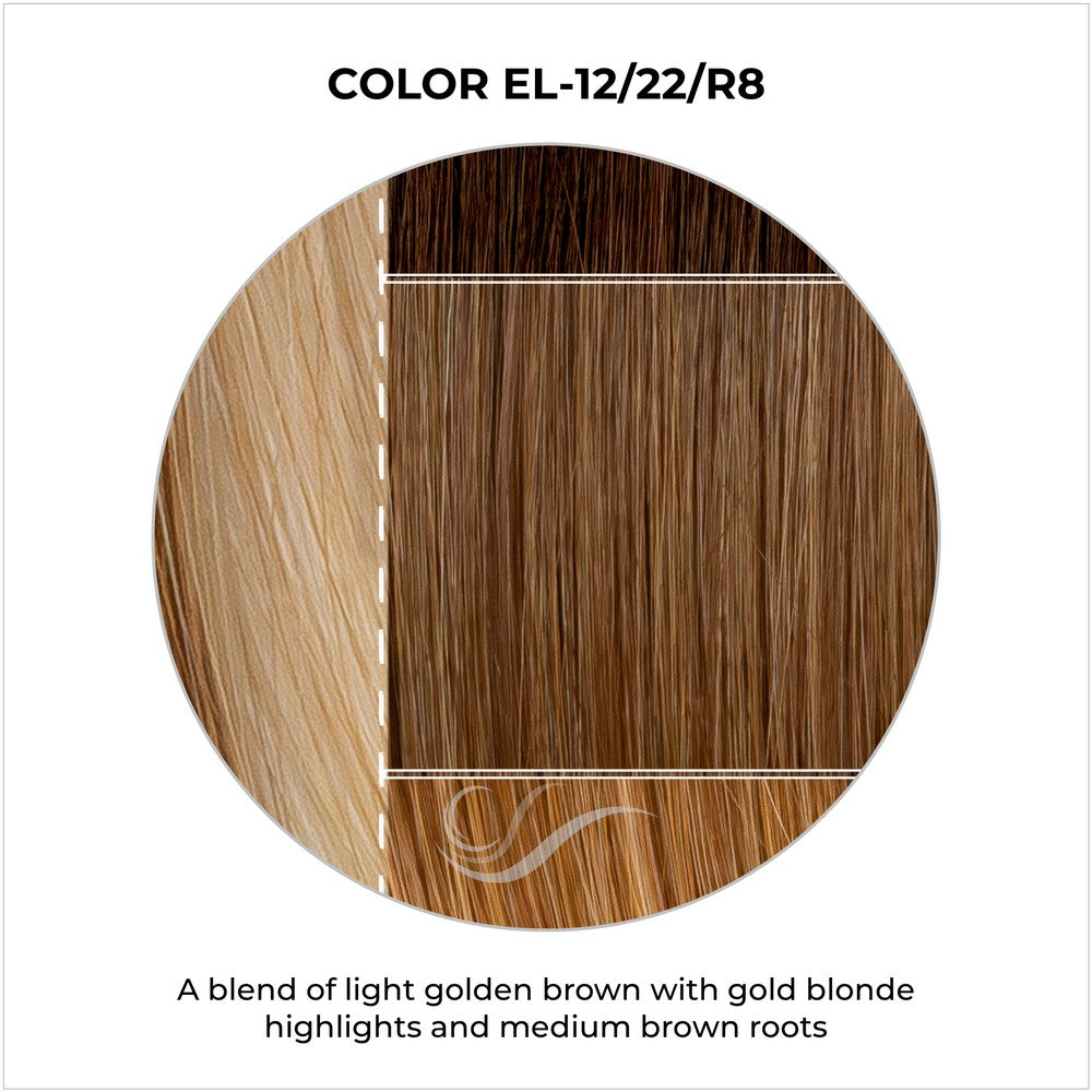 EL-12/22/R8-A blend of light golden brown with gold blonde highlights and medium brown roots