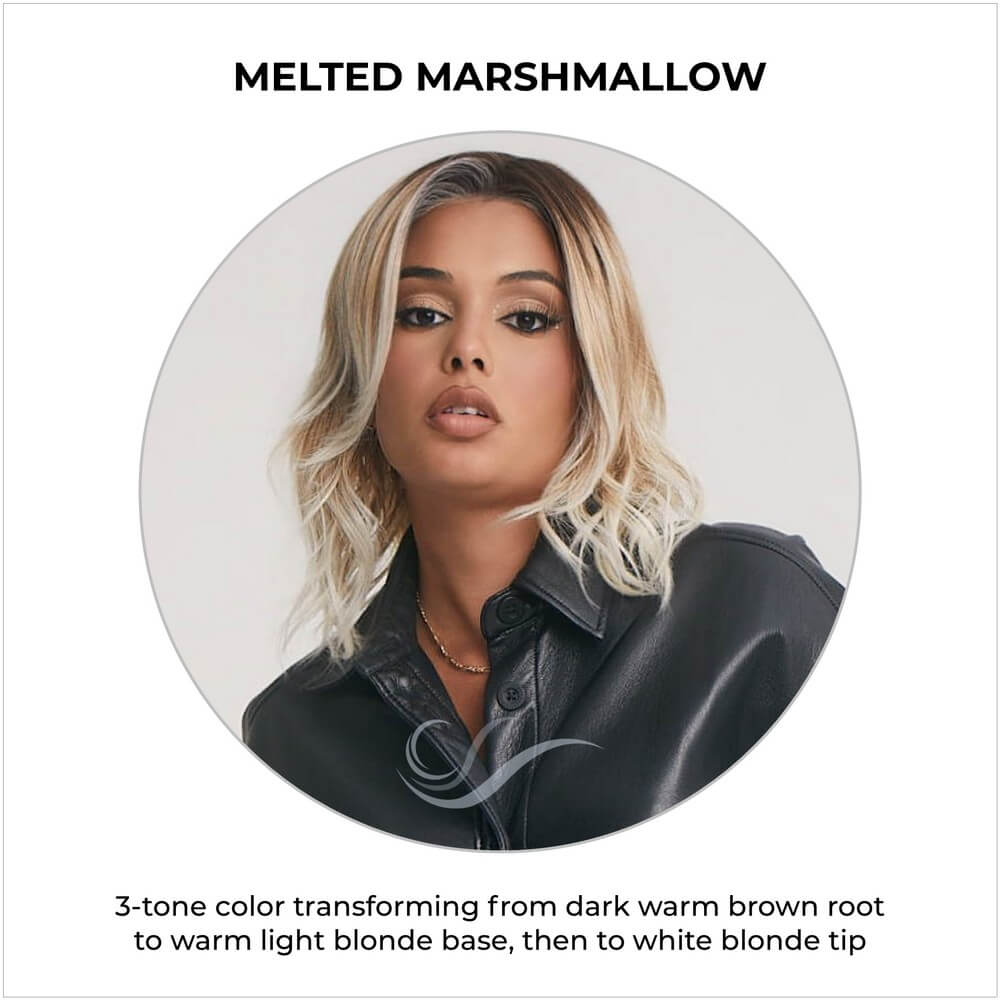 Melted Marshmallow-3-tone color transforming from dark warm brown root to warm light blonde base, then to white blonde tip 