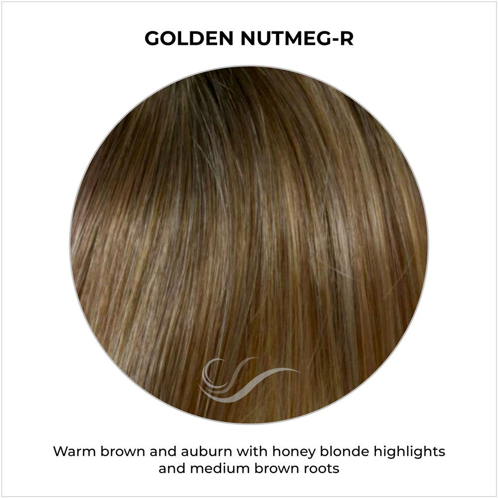 Golden Nutmeg-R-Warm brown and auburn with honey blonde highlights and medium brown roots