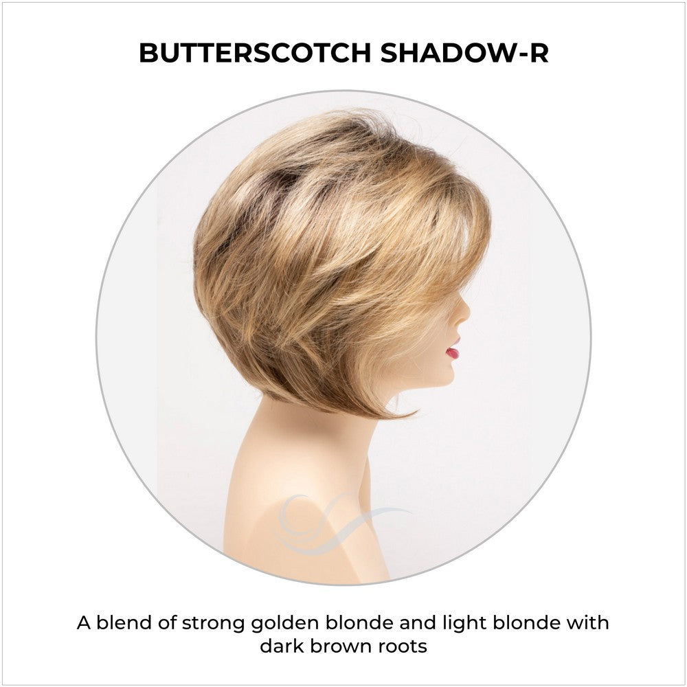 Juliet wig by Envy in Butterscotch Shadow-R-A blend of strong golden blonde and light blonde with dark brown roots