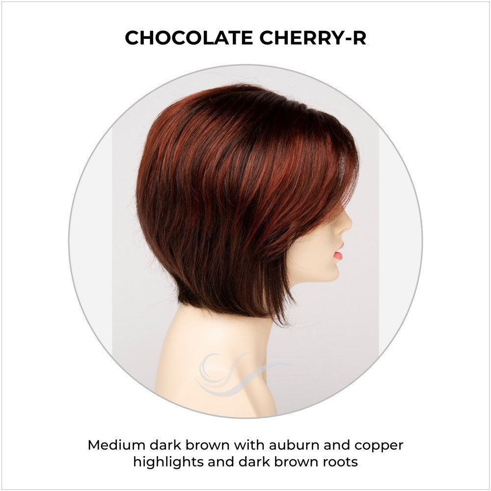 Juliet wig by Envy in Chocolate Cherry-R-Medium dark brown with auburn and copper highlights and dark brown roots