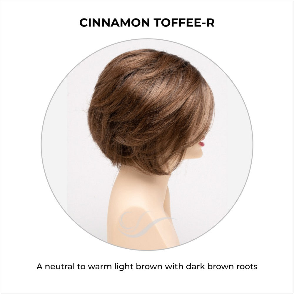 Juliet wig by Envy in Cinnamon Toffee-R-A neutral to warm light brown with dark brown roots