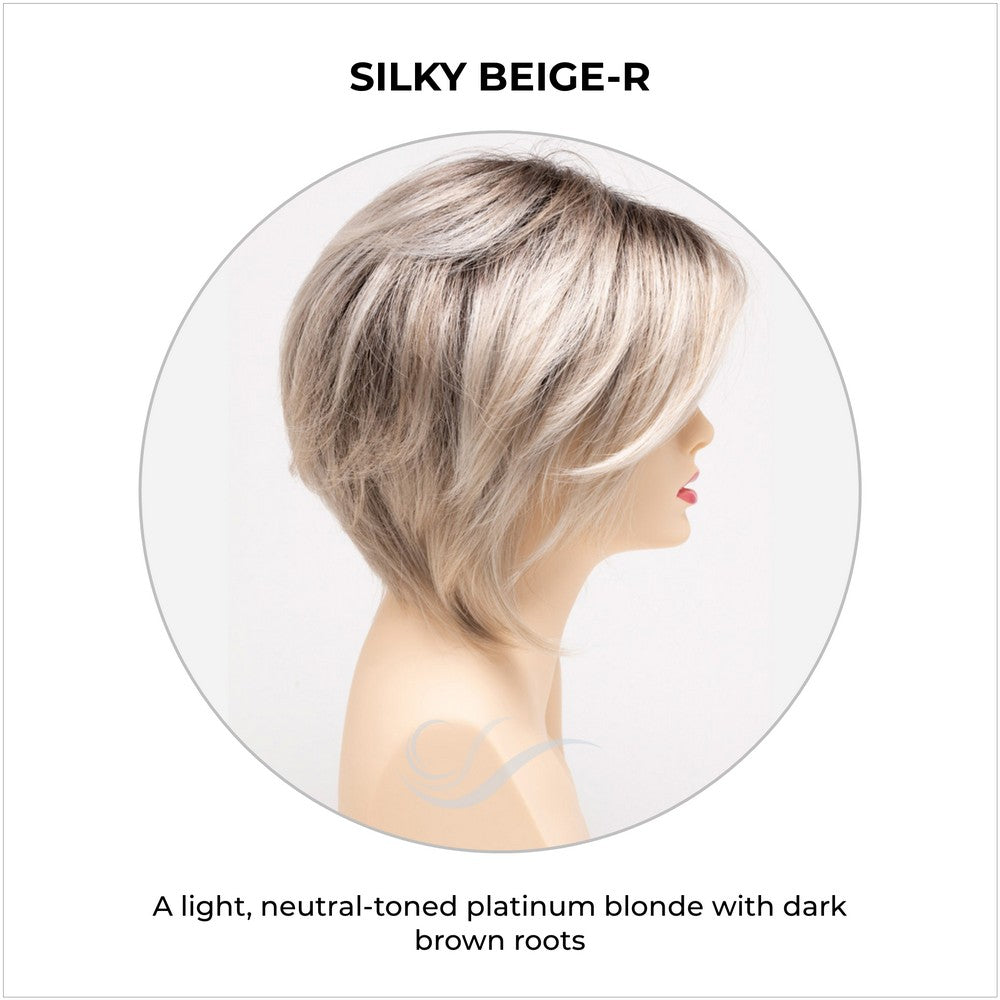 Juliet wig by Envy in Silky Beige-R-A light, neutral-toned platinum blonde with dark brown roots